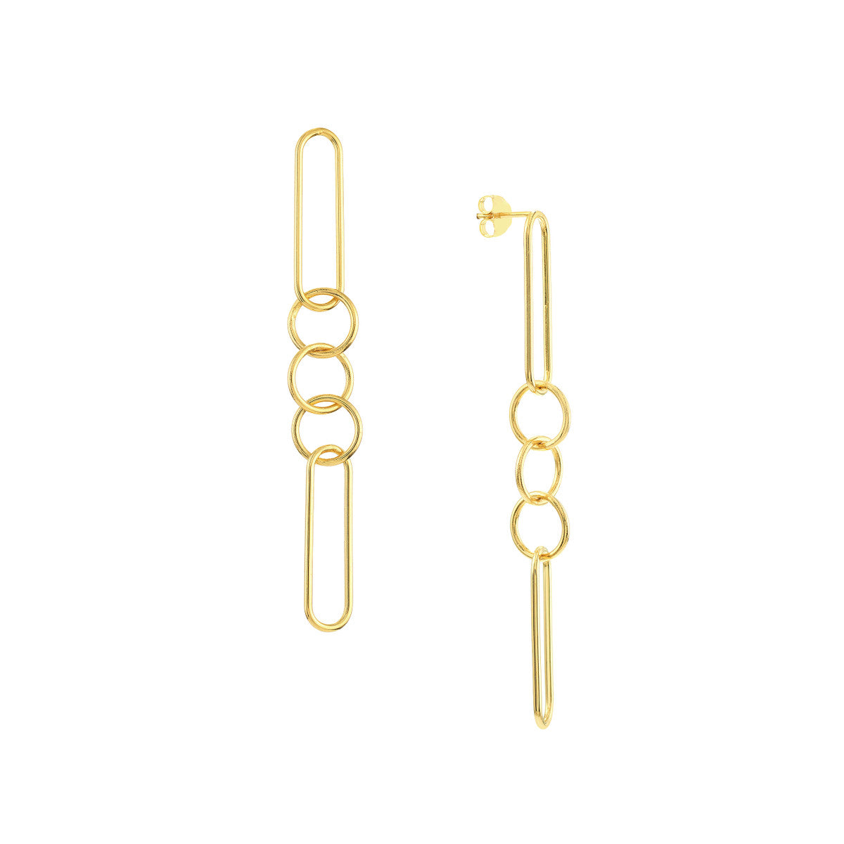 Paper Clip & Circle Link Dangle Earrings 14K Yellow Gold