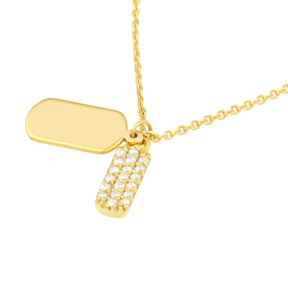 Mini Double Dog Tag with Diamonds Necklace 14K Yellow Gold