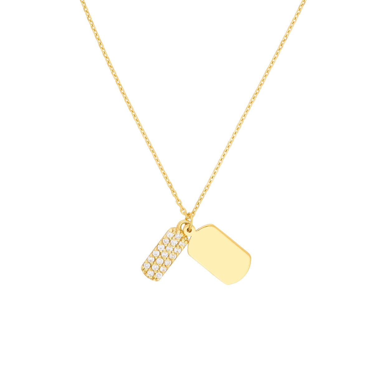 Mini Double Dog Tag with Diamonds Necklace 14K Yellow Gold