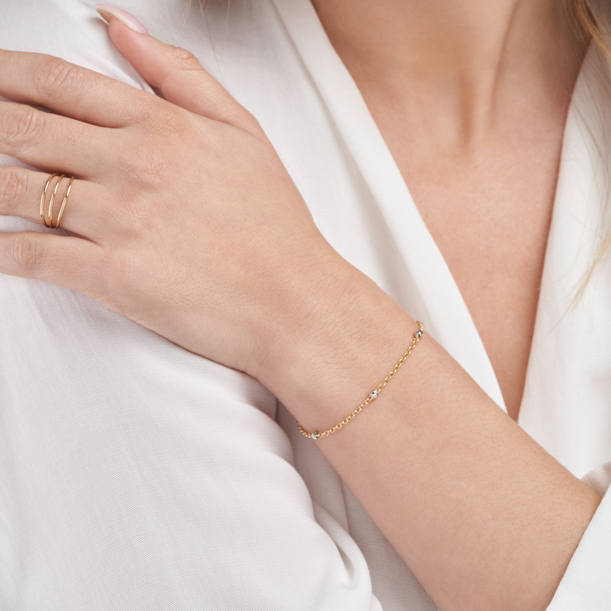 Two-Tone Disco Bead Rolo Chain Bracelet 14K Yellow Gold