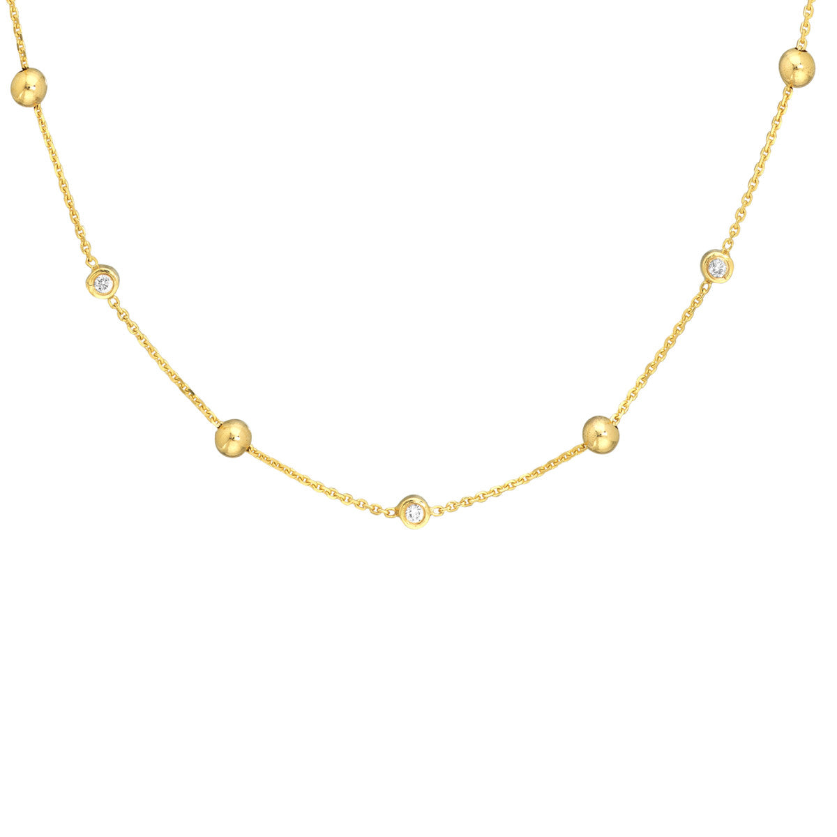 Alternating Bezel Diamond & Bead Necklace 14K Yellow Gold