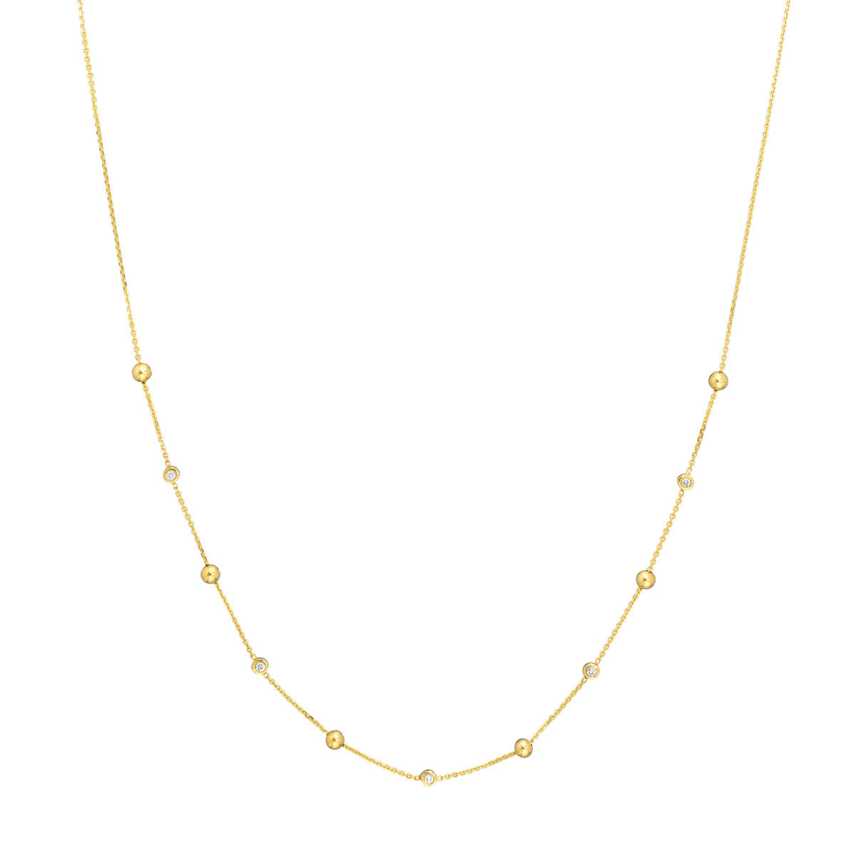 Alternating Bezel Diamond & Bead Necklace 14K Yellow Gold