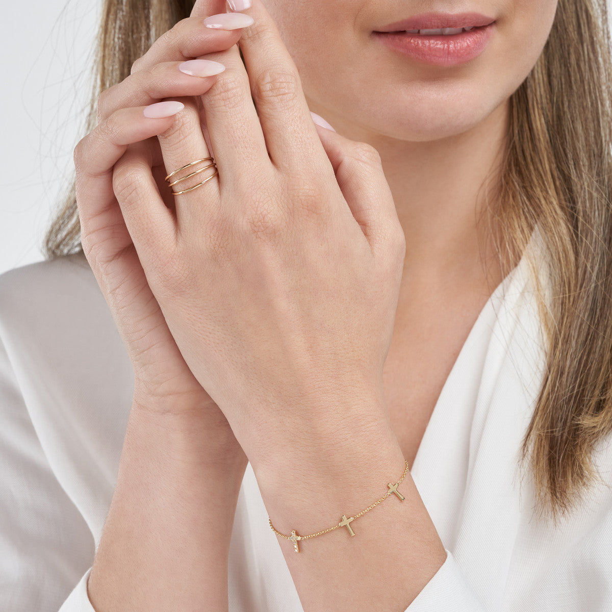 Triple Cross with Diamond Bracelet 14K Yellow Gold