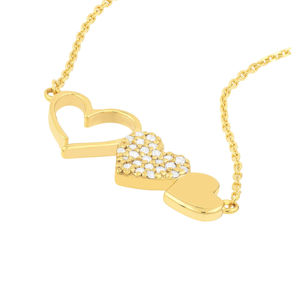 Heart Trio with Diamonds Necklace 14K Yellow Gold