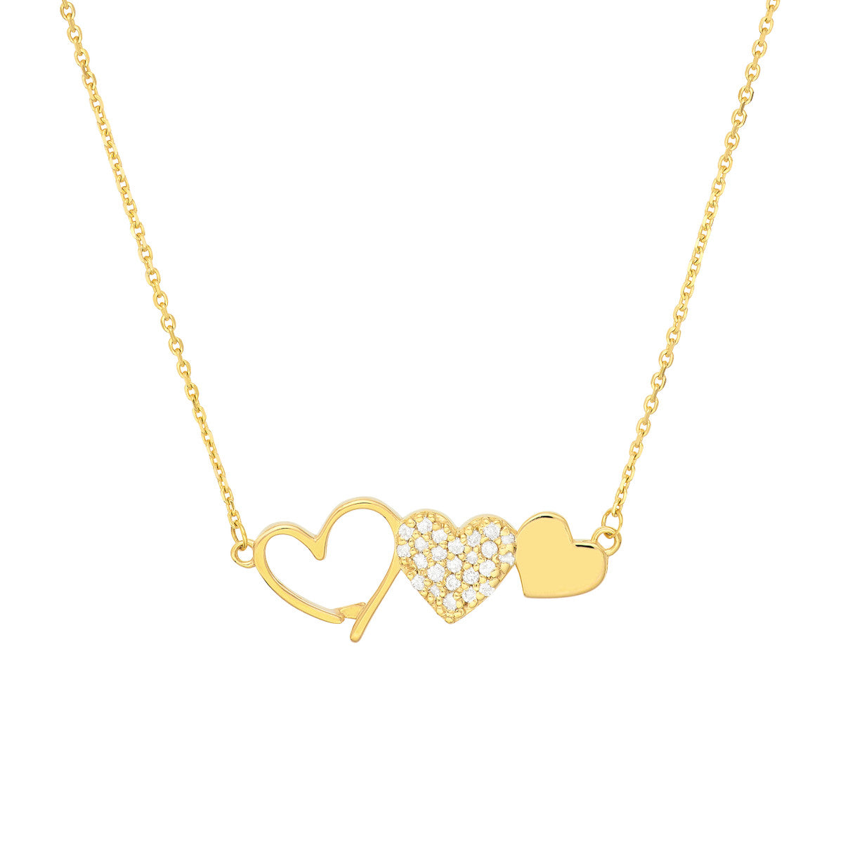 Heart Trio with Diamonds Necklace 14K Yellow Gold