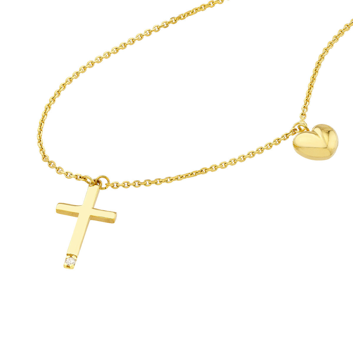 Solitaire Diamond Cross Necklace with Puff Heart Charm 14K Yellow Gold