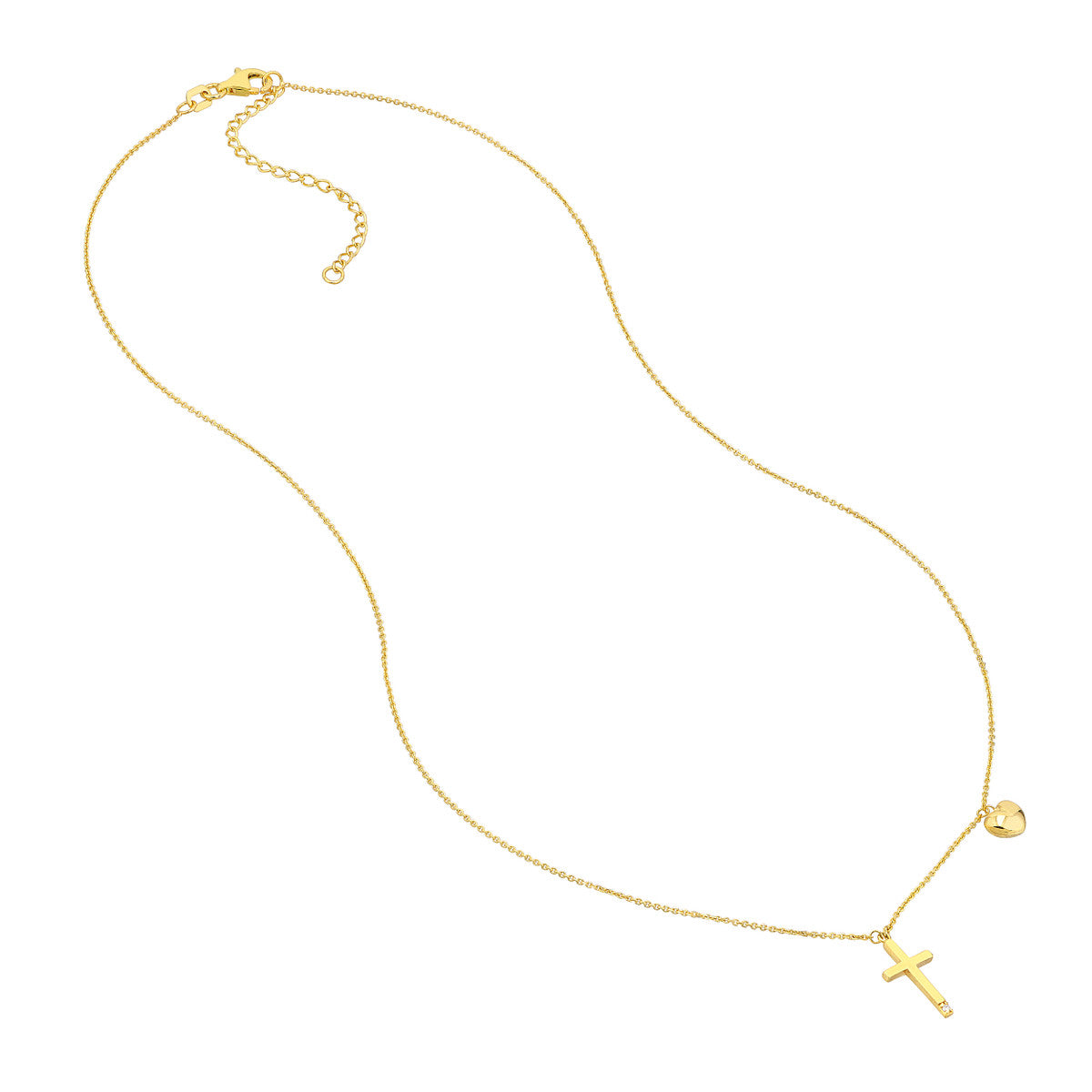 Solitaire Diamond Cross Necklace with Puff Heart Charm 14K Yellow Gold