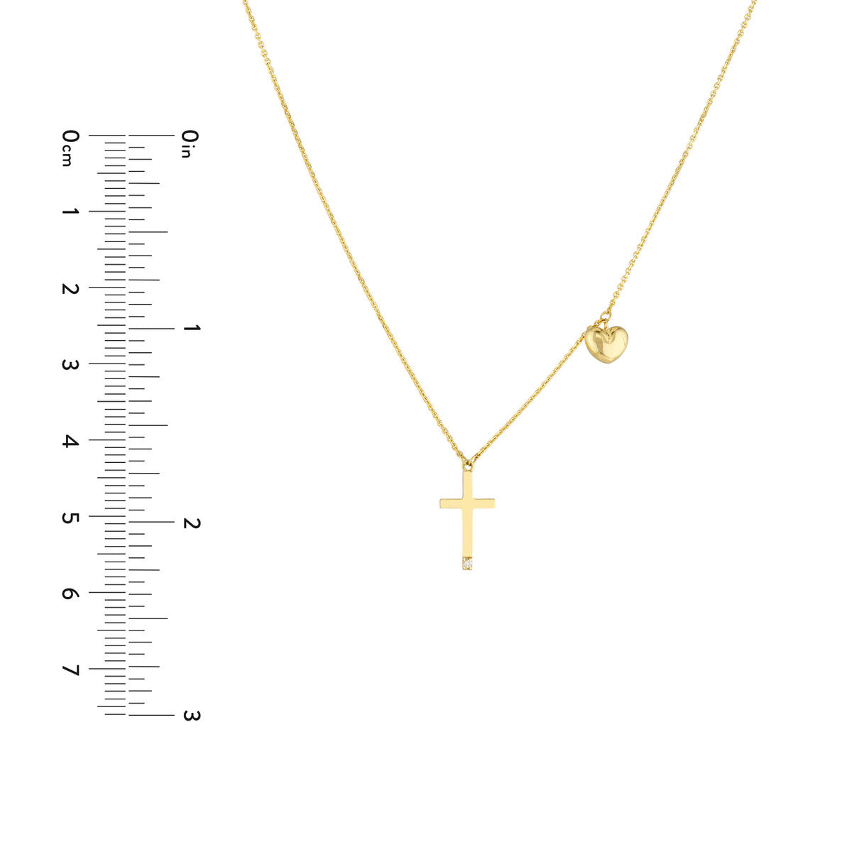 Solitaire Diamond Cross Necklace with Puff Heart Charm 14K Yellow Gold
