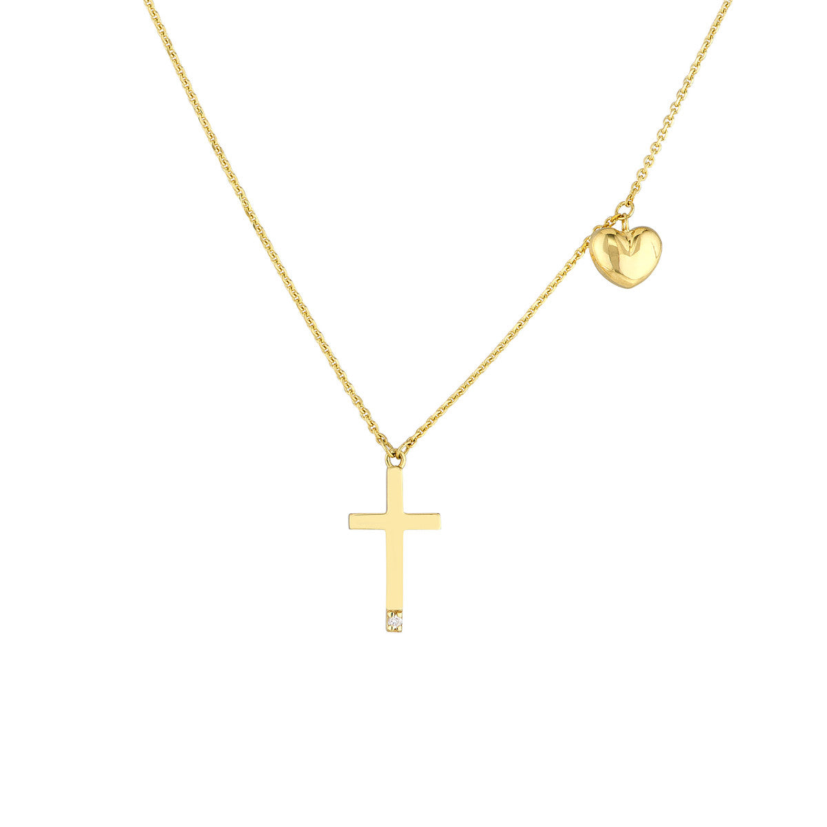 Solitaire Diamond Cross Necklace with Puff Heart Charm 14K Yellow Gold