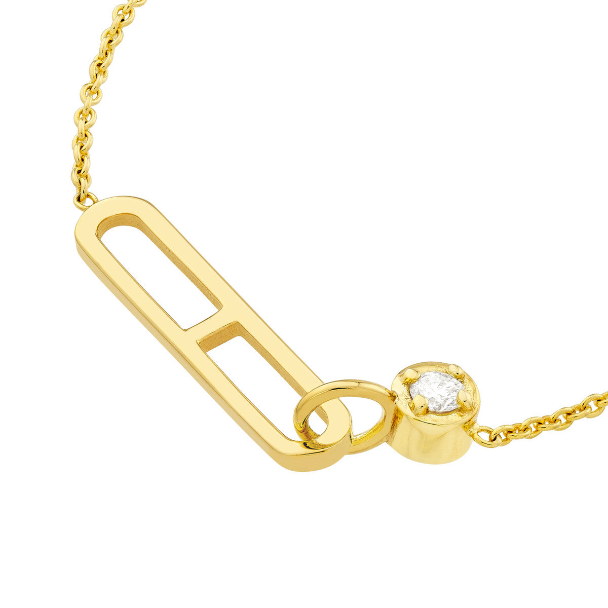 Diamond Solitaire Paper Clip Element Necklace 14K Yellow Gold