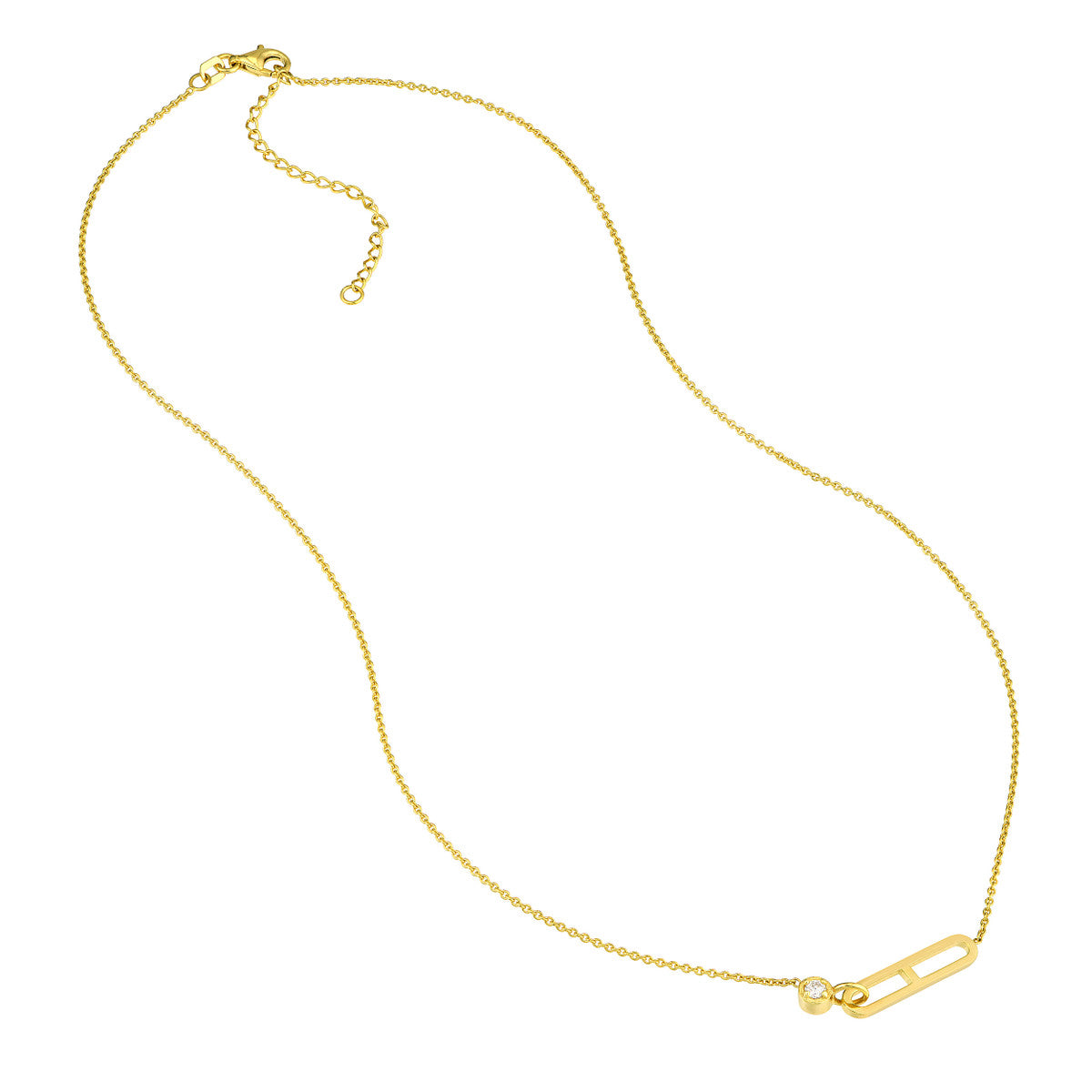 Diamond Solitaire Paper Clip Element Necklace 14K Yellow Gold