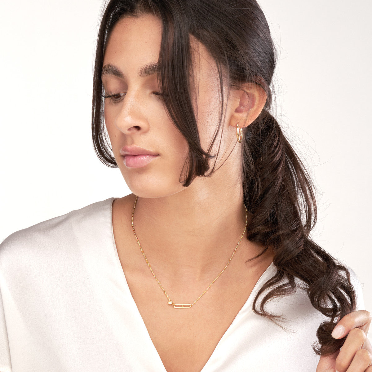 Diamond Solitaire Paper Clip Element Necklace 14K Yellow Gold
