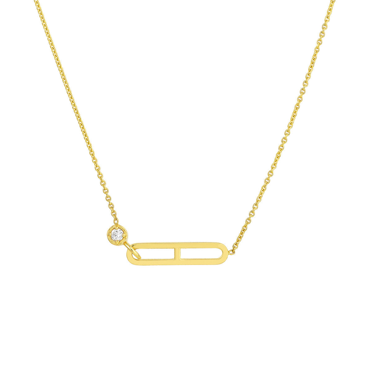 Diamond Solitaire Paper Clip Element Necklace 14K Yellow Gold