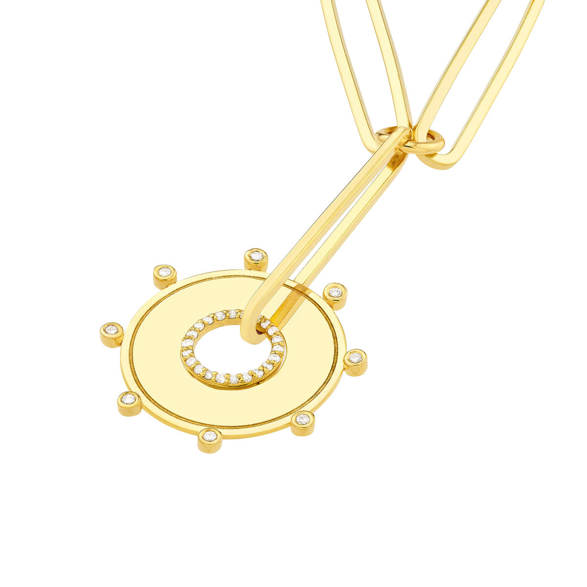 1/6tcw Dia Disk Medallion in Paper Clip Lariat Necklace 14K Yellow Gold
