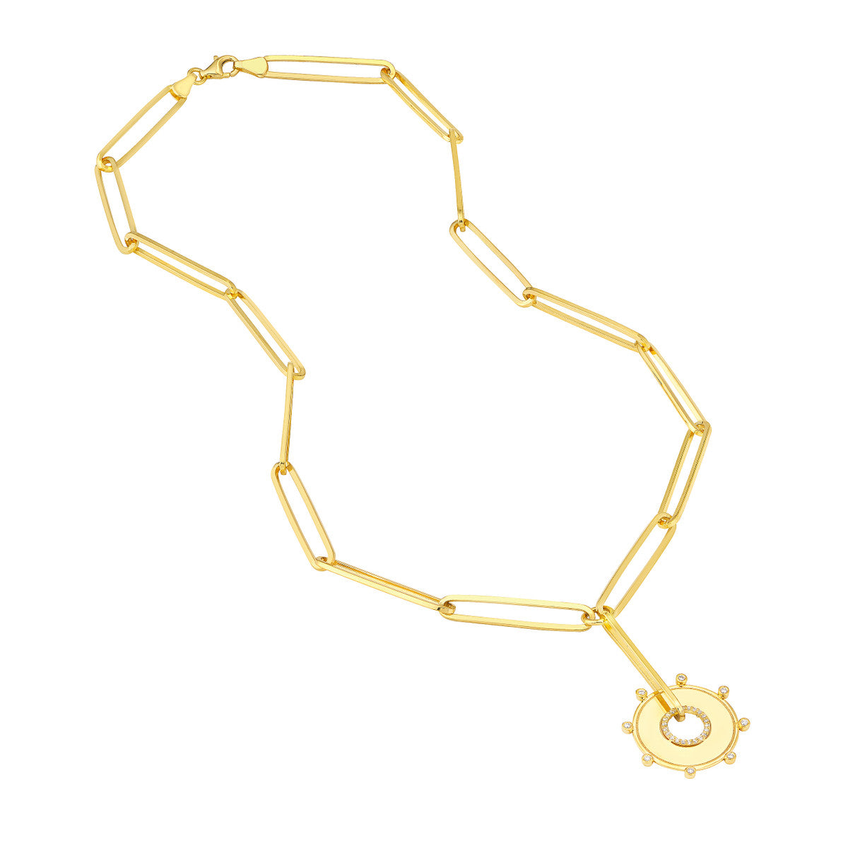 1/6tcw Dia Disk Medallion in Paper Clip Lariat Necklace 14K Yellow Gold