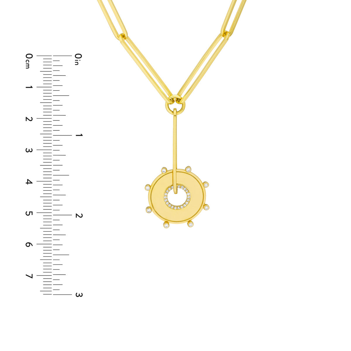 1/6tcw Dia Disk Medallion in Paper Clip Lariat Necklace 14K Yellow Gold