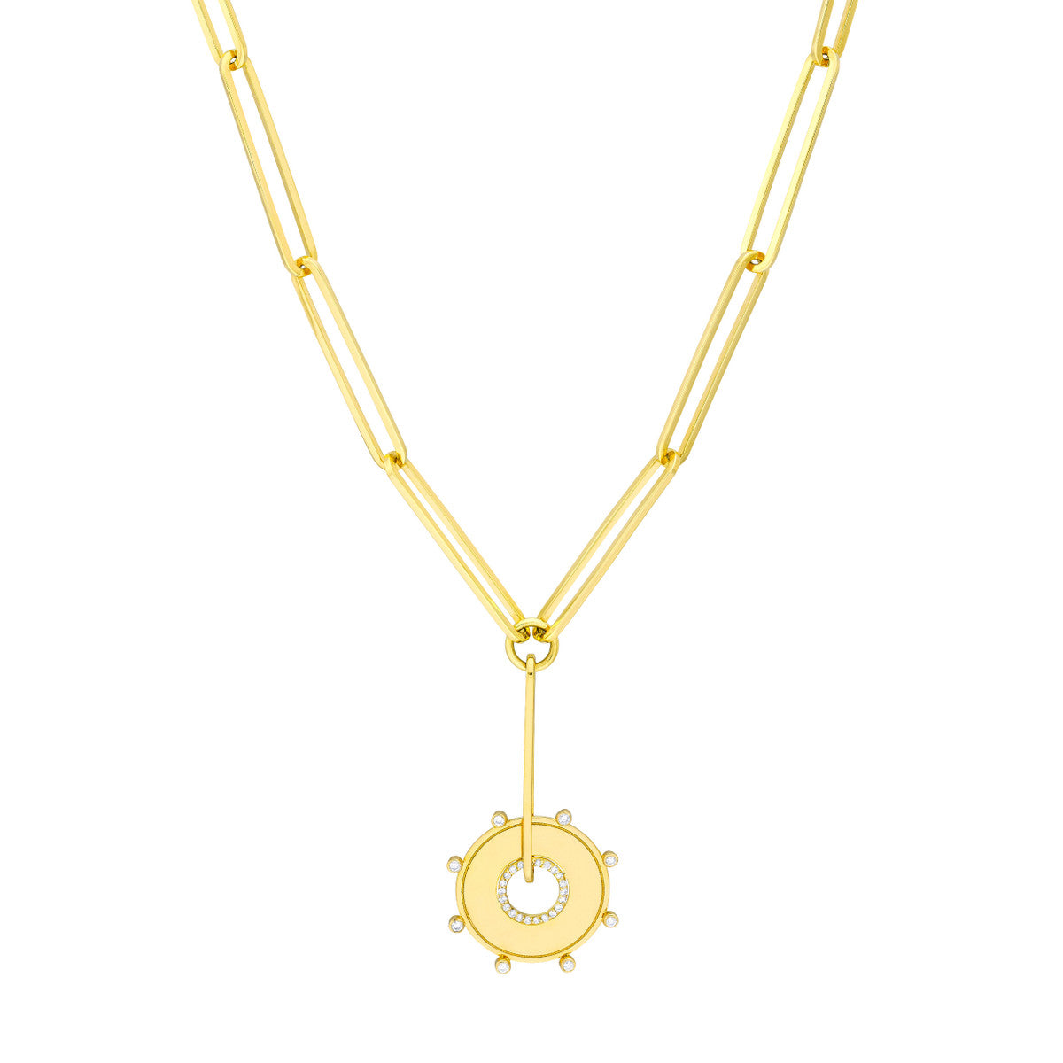 1/6tcw Dia Disk Medallion in Paper Clip Lariat Necklace 14K Yellow Gold