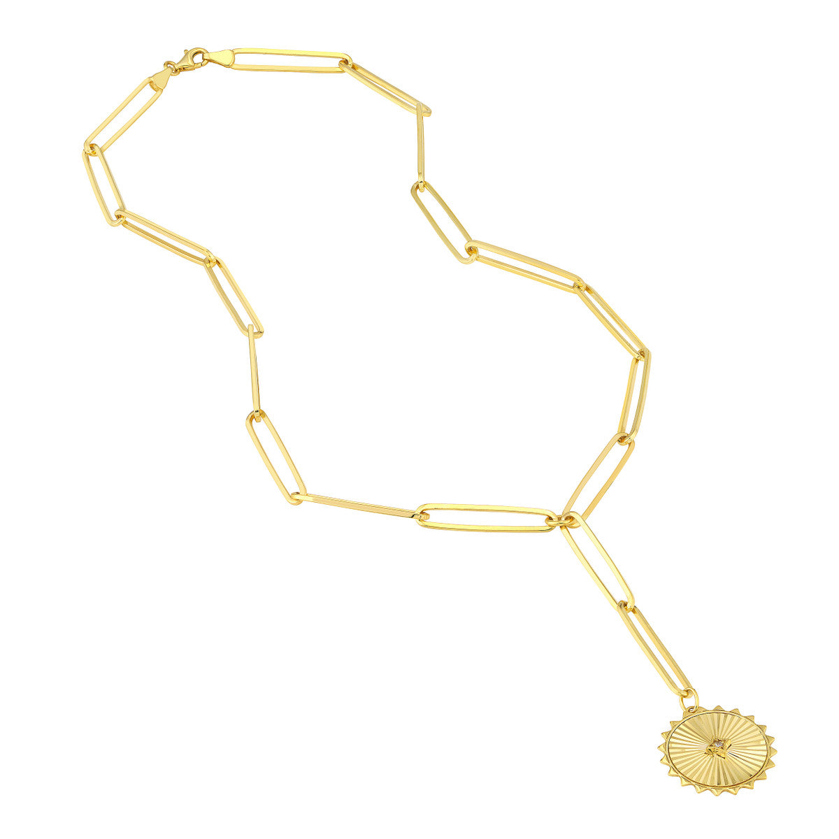 Diamond Radiant Medallion Paper Clip Lariat Necklace 14K Yellow Gold