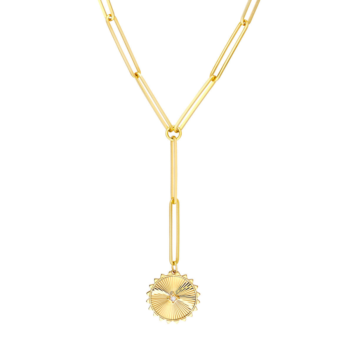 Diamond Radiant Medallion Paper Clip Lariat Necklace 14K Yellow Gold