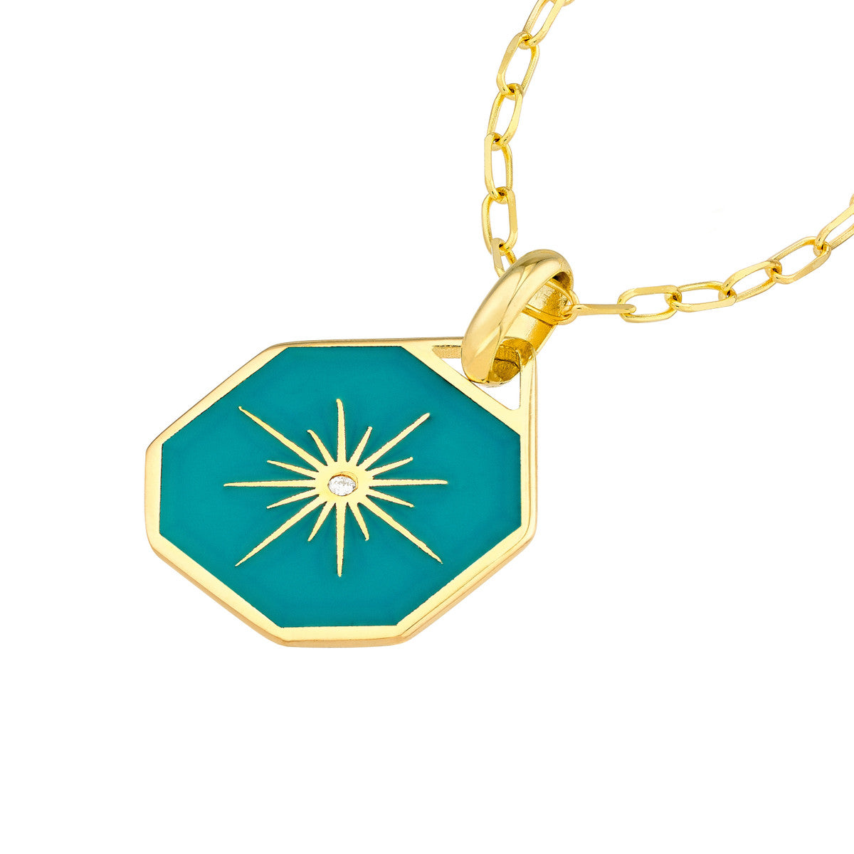 Star Teal Enamel Octagon Medallion 14K Yellow Gold