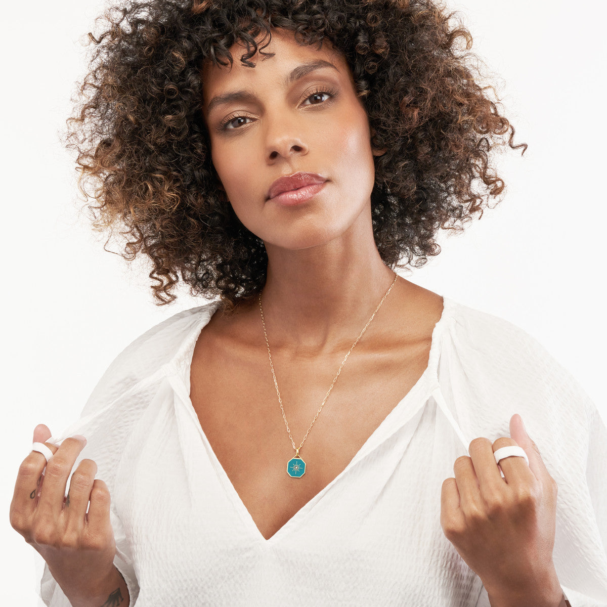 Star Teal Enamel Octagon Medallion 14K Yellow Gold