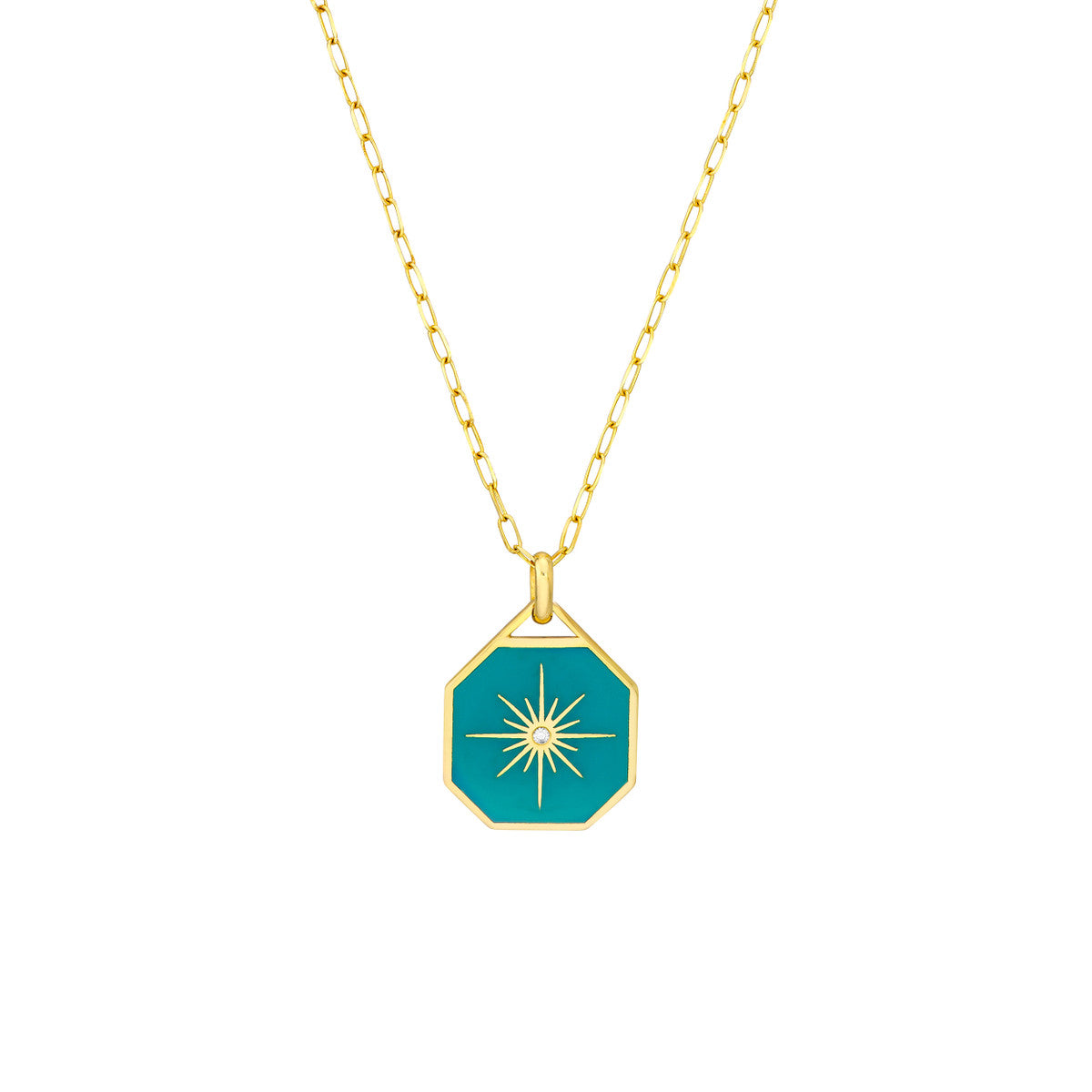 Star Teal Enamel Octagon Medallion 14K Yellow Gold