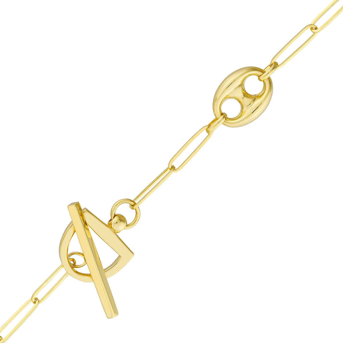 Paper Clip Puff Mariner Toggle Necklace 14K Yellow Gold