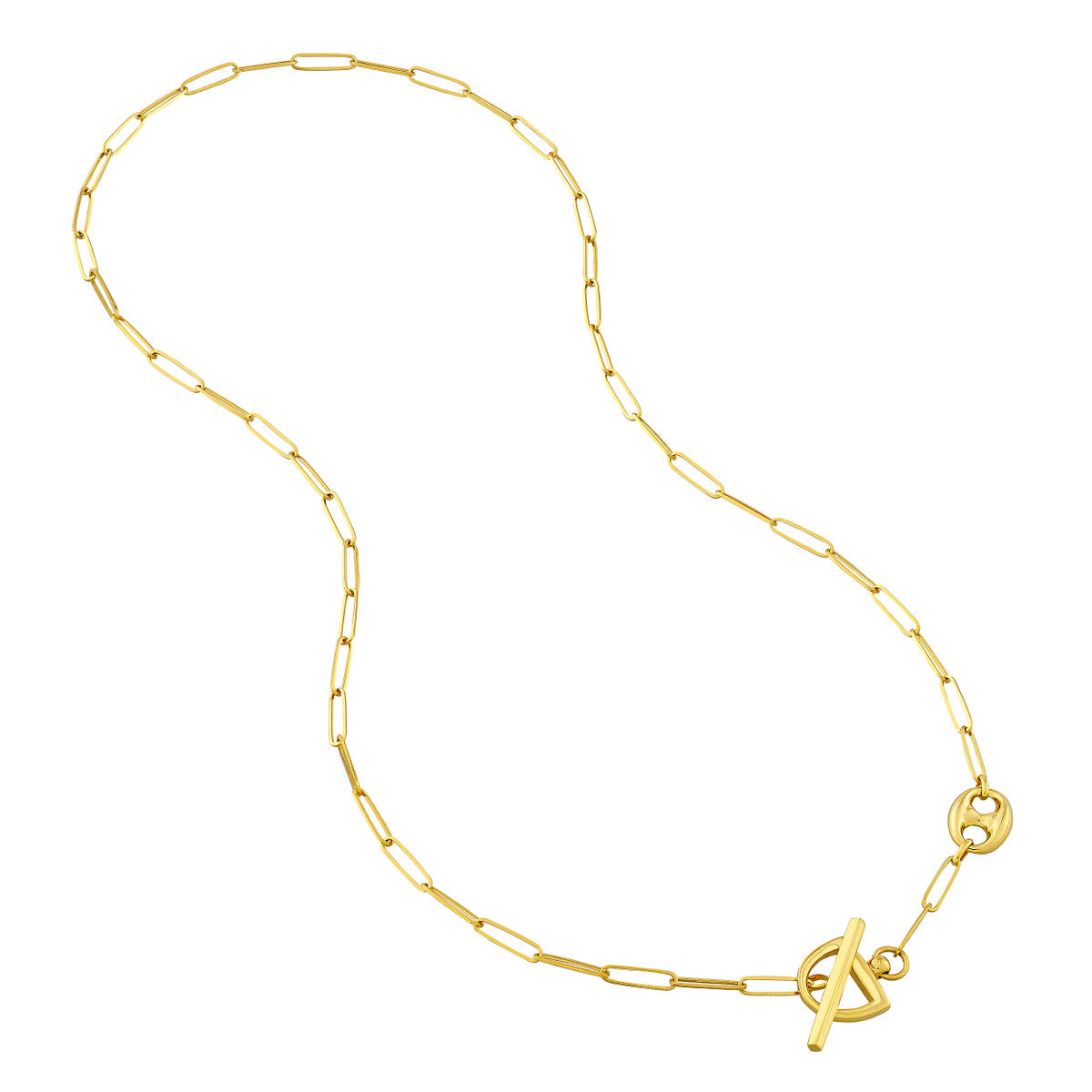 Paper Clip Puff Mariner Toggle Necklace 14K Yellow Gold