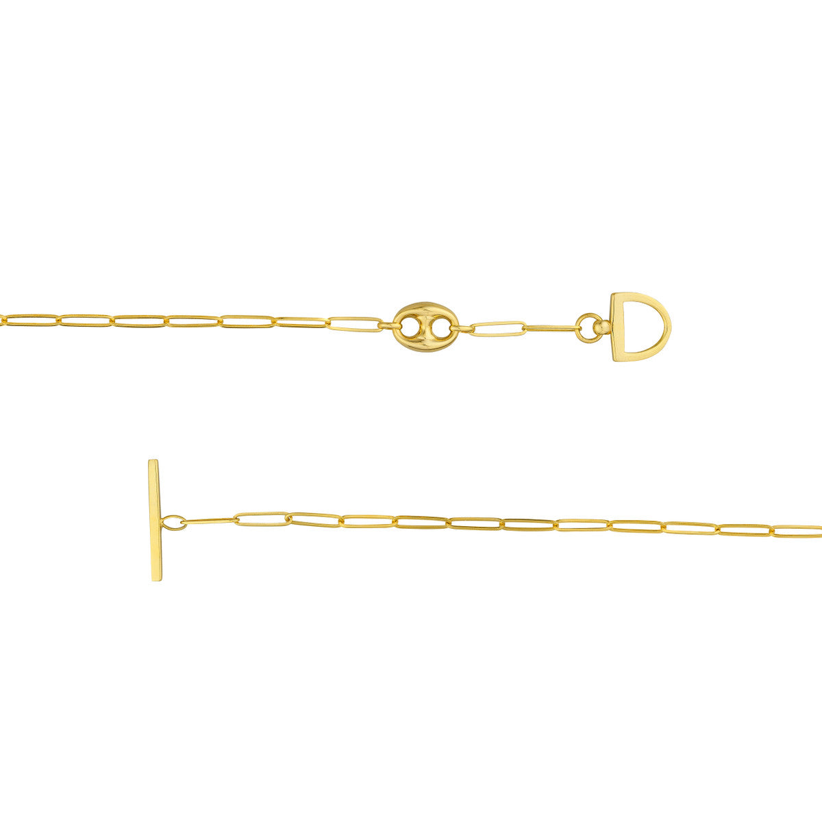 Paper Clip Puff Mariner Toggle Necklace 14K Yellow Gold