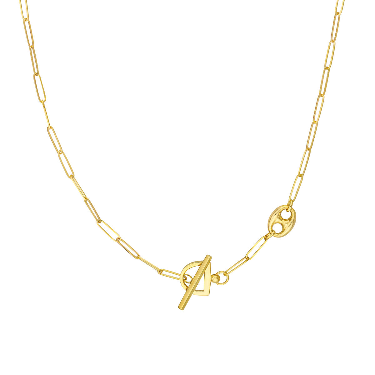 Paper Clip Puff Mariner Toggle Necklace 14K Yellow Gold