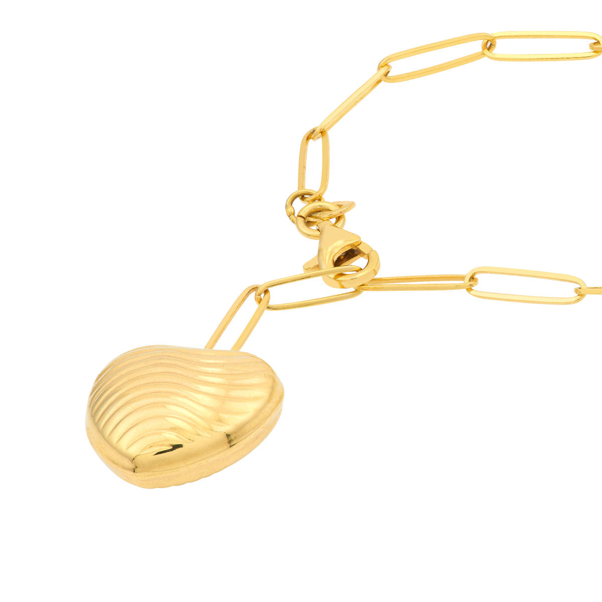 Textured Puff Heart Paperclip Lariat Necklace 14K Yellow Gold