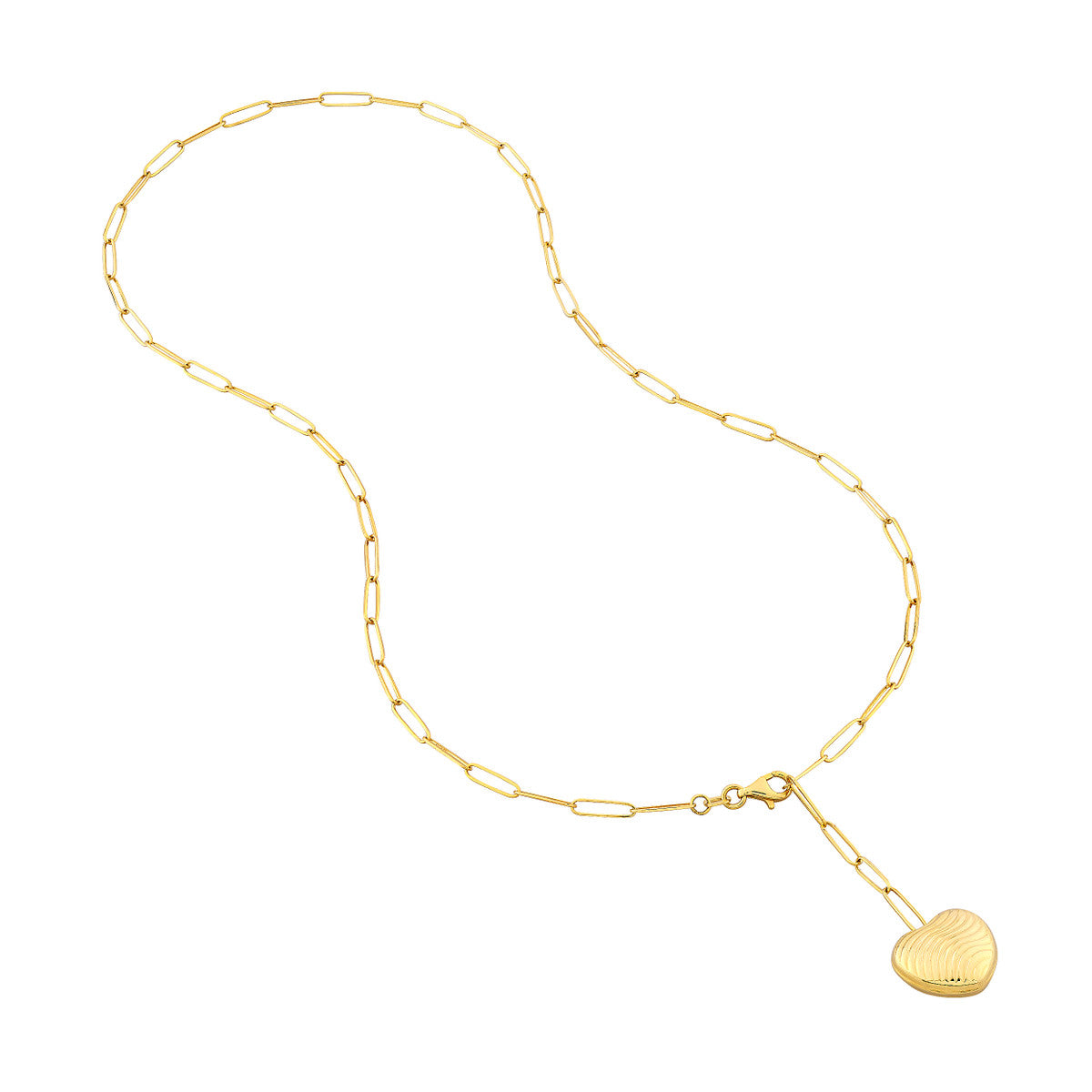 Textured Puff Heart Paperclip Lariat Necklace 14K Yellow Gold