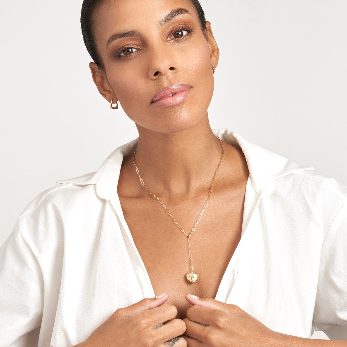 Textured Puff Heart Paperclip Lariat Necklace 14K Yellow Gold