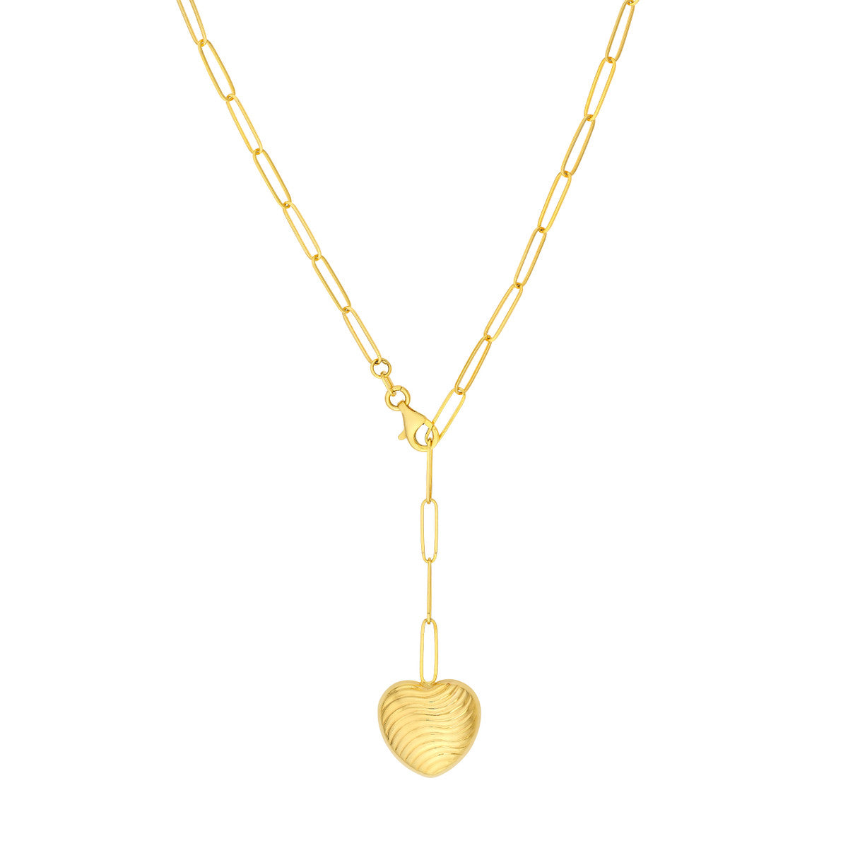 Textured Puff Heart Paperclip Lariat Necklace 14K Yellow Gold