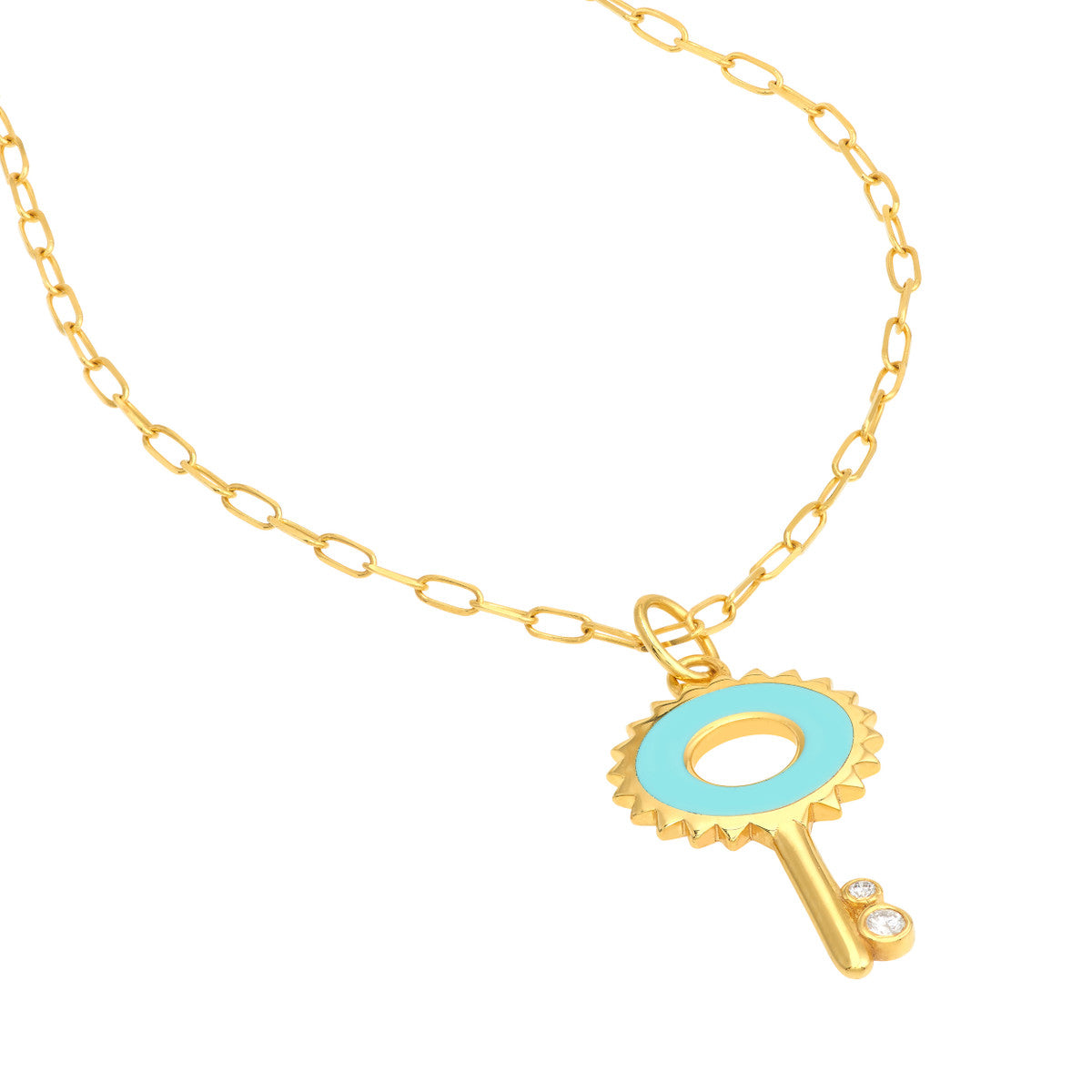 Lt.Turquoise Enamel Key Necklace with Diamonds 14K Yellow Gold