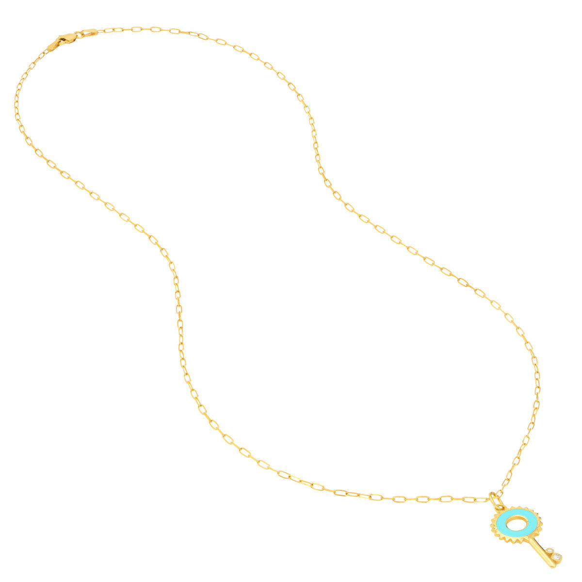 Lt.Turquoise Enamel Key Necklace with Diamonds 14K Yellow Gold