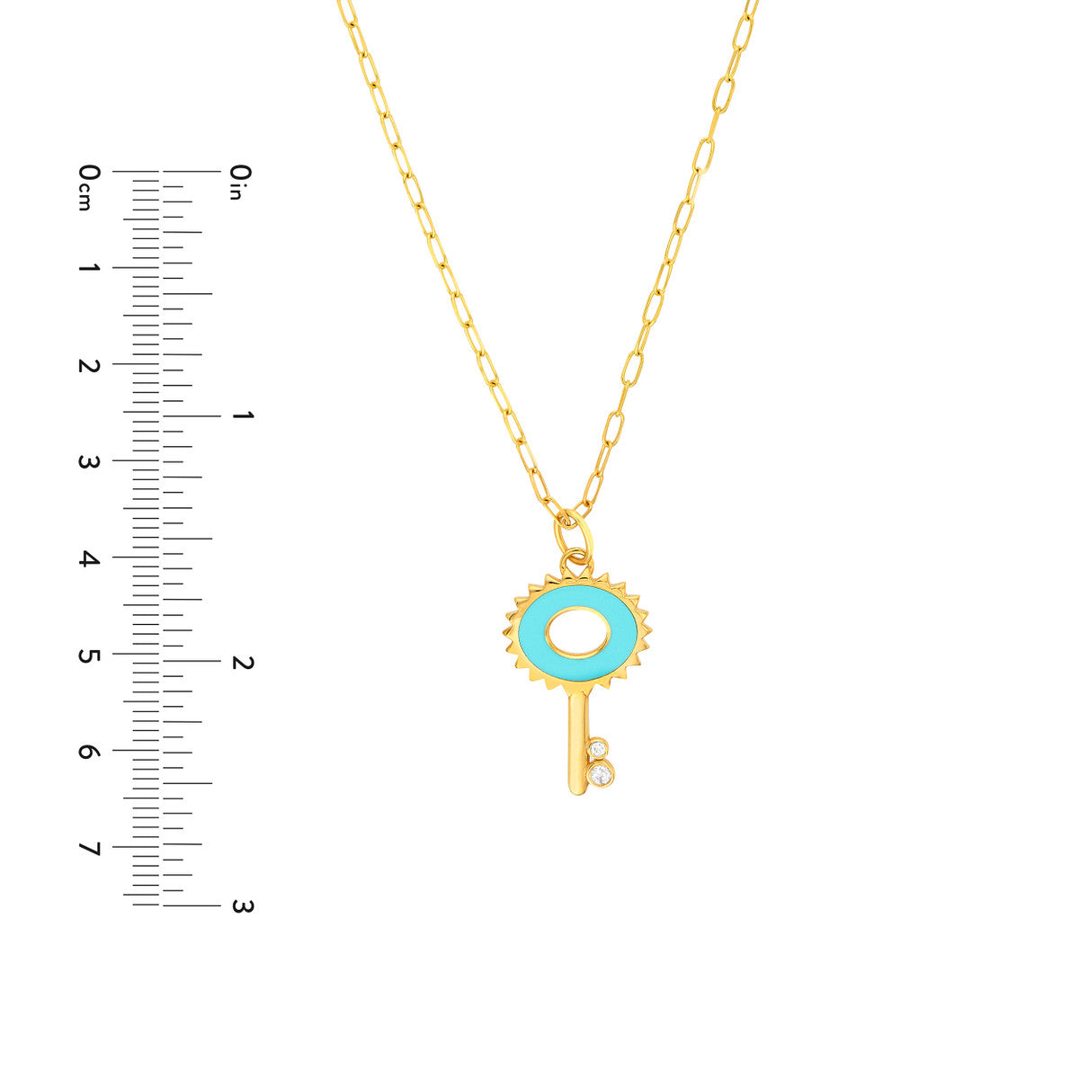Lt.Turquoise Enamel Key Necklace with Diamonds 14K Yellow Gold