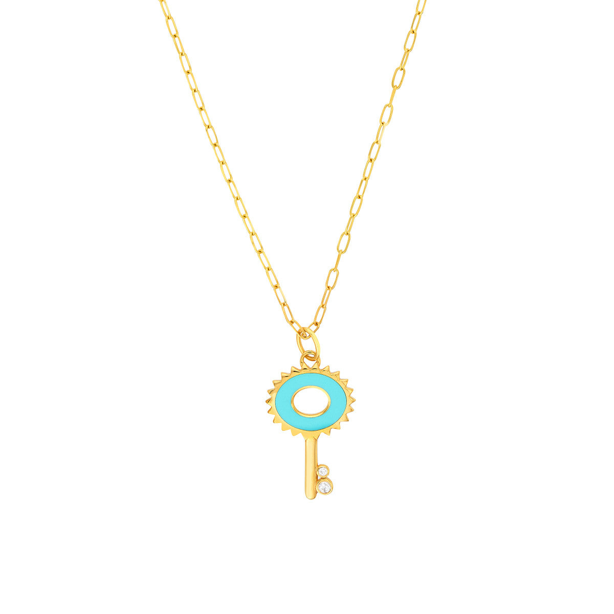 Lt.Turquoise Enamel Key Necklace with Diamonds 14K Yellow Gold