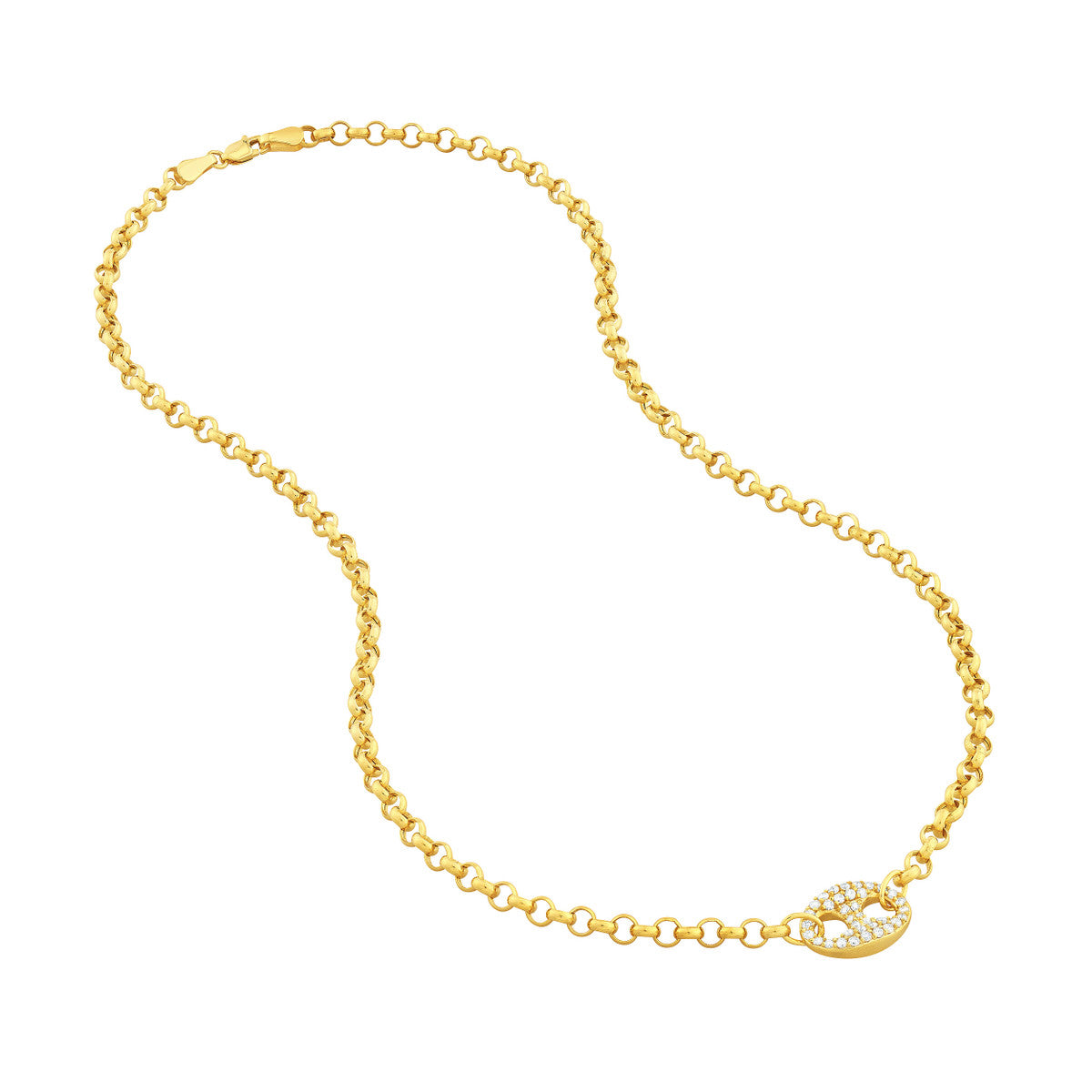 Diamond Puff Link on Rolo Necklace 14K Yellow Gold