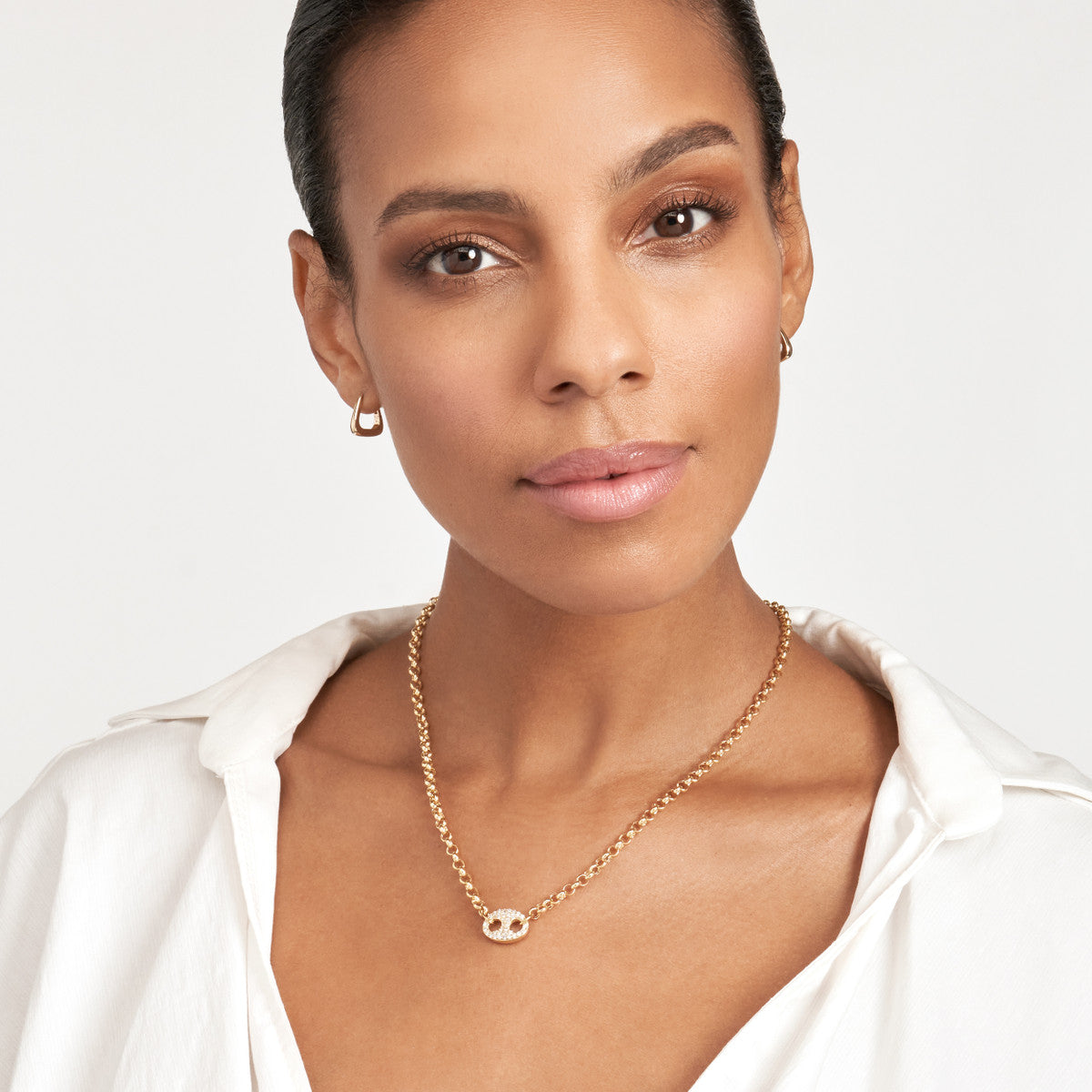 Diamond Puff Link on Rolo Necklace 14K Yellow Gold