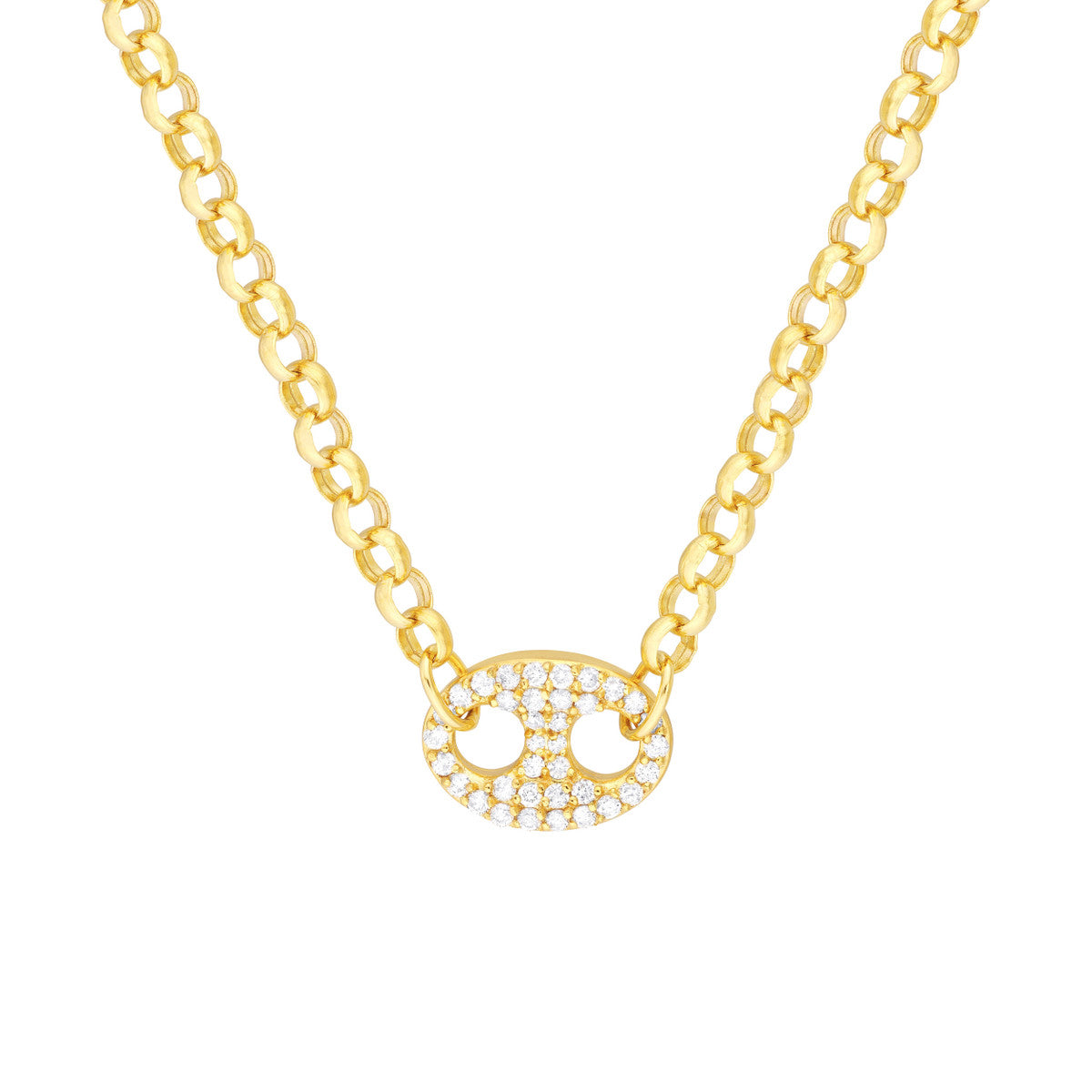 Diamond Puff Link on Rolo Necklace 14K Yellow Gold