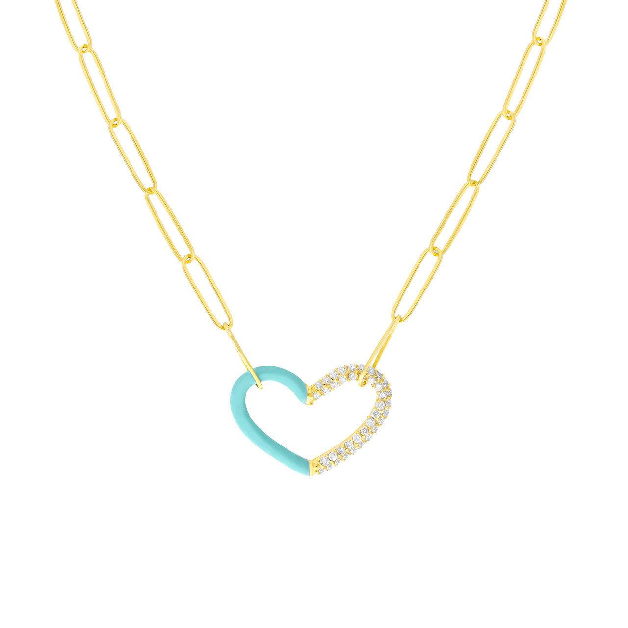 50/50 Lt. Turquoise Enamel Diamond Heart Necklace 14K Yellow Gold