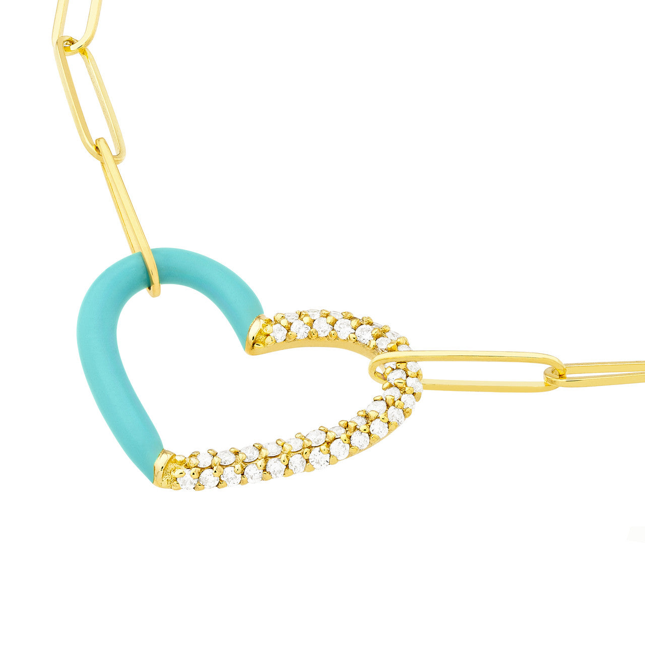 50/50 Lt. Turquoise Enamel Diamond Heart Necklace 14K Yellow Gold