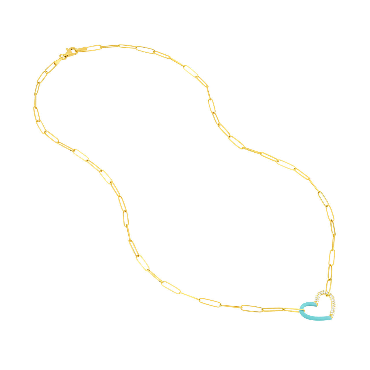 50/50 Lt. Turquoise Enamel Diamond Heart Necklace 14K Yellow Gold
