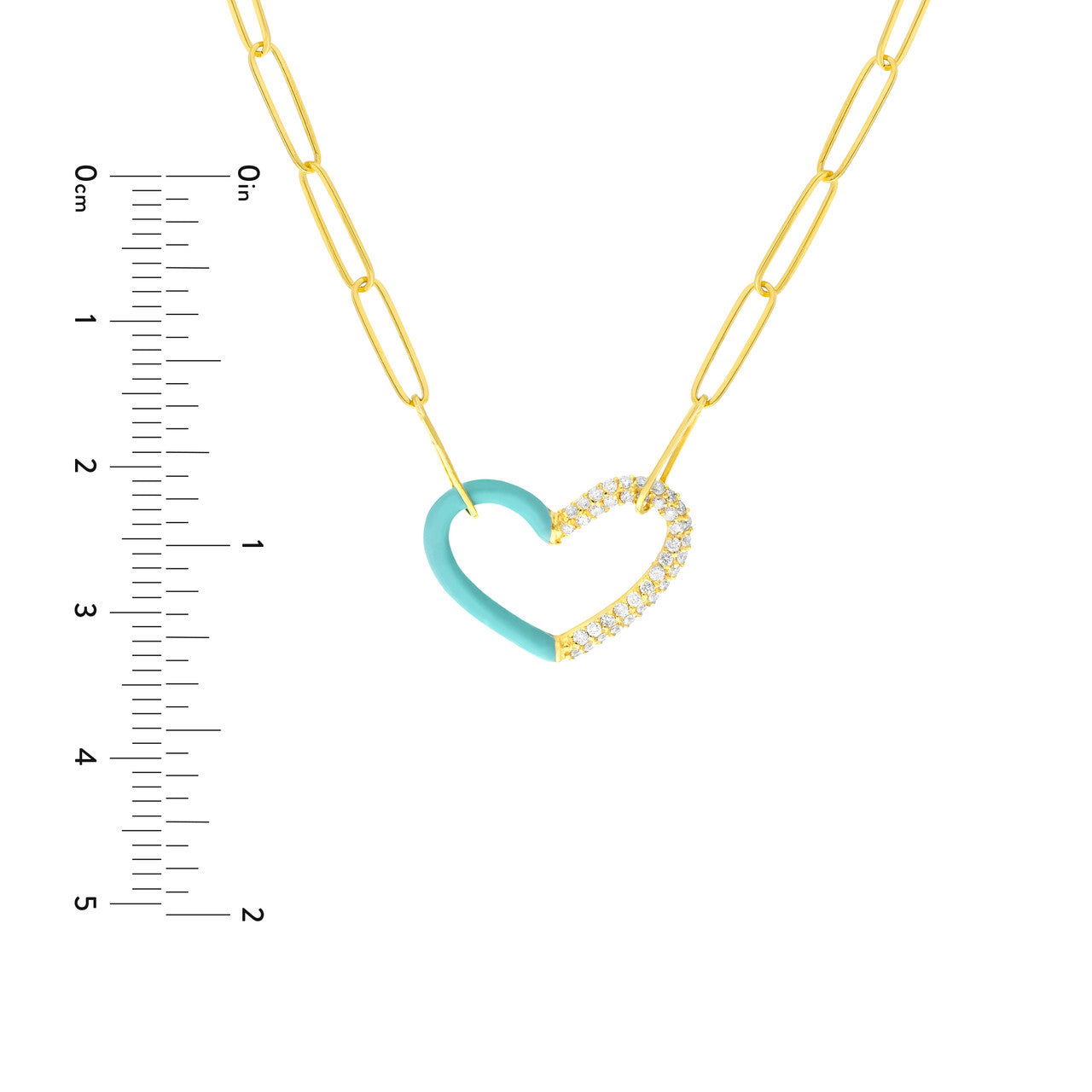 50/50 Lt. Turquoise Enamel Diamond Heart Necklace 14K Yellow Gold