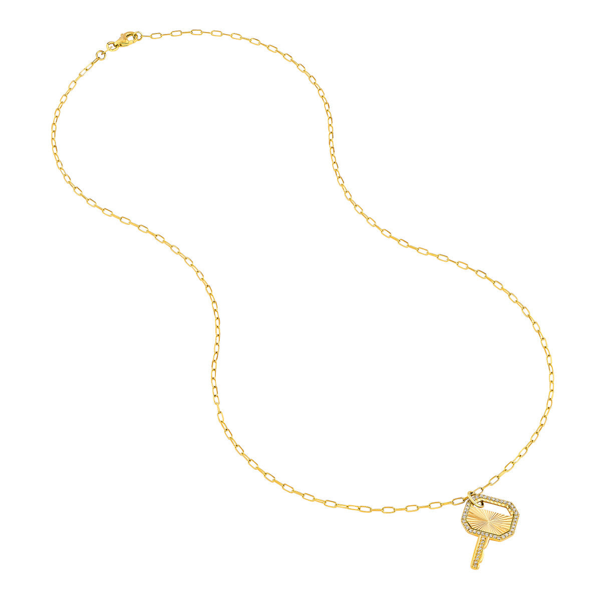 Fluted Diamond Frame Key Pendant on Paper Clip Chain 14K Yellow Gold