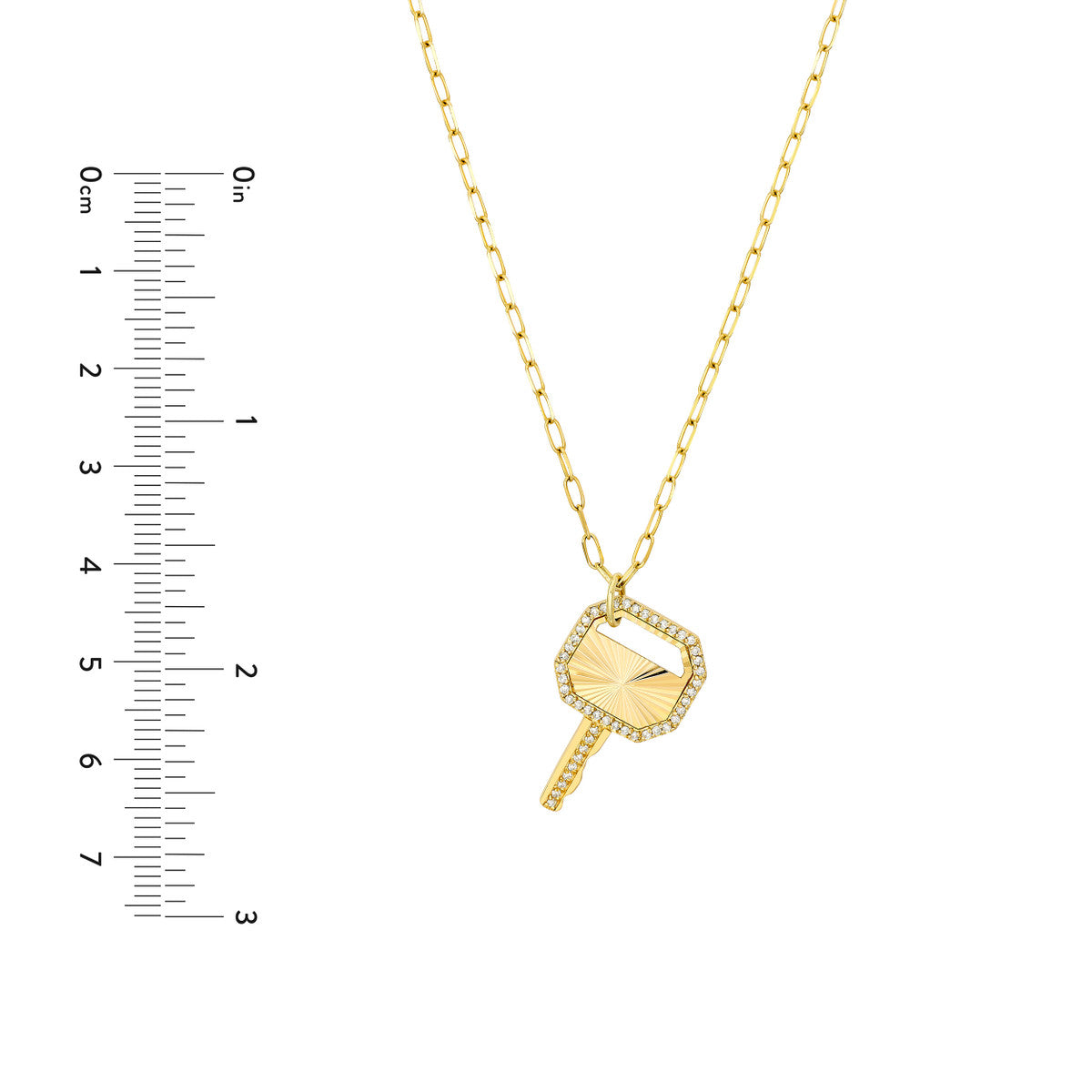 Fluted Diamond Frame Key Pendant on Paper Clip Chain 14K Yellow Gold