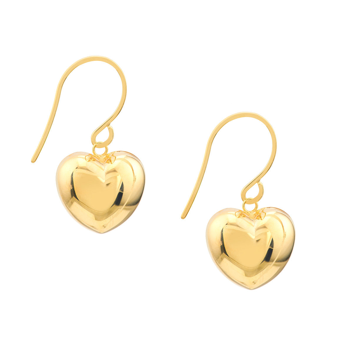 Puffed Heart Fish Hook Earrings 14K Yellow Gold