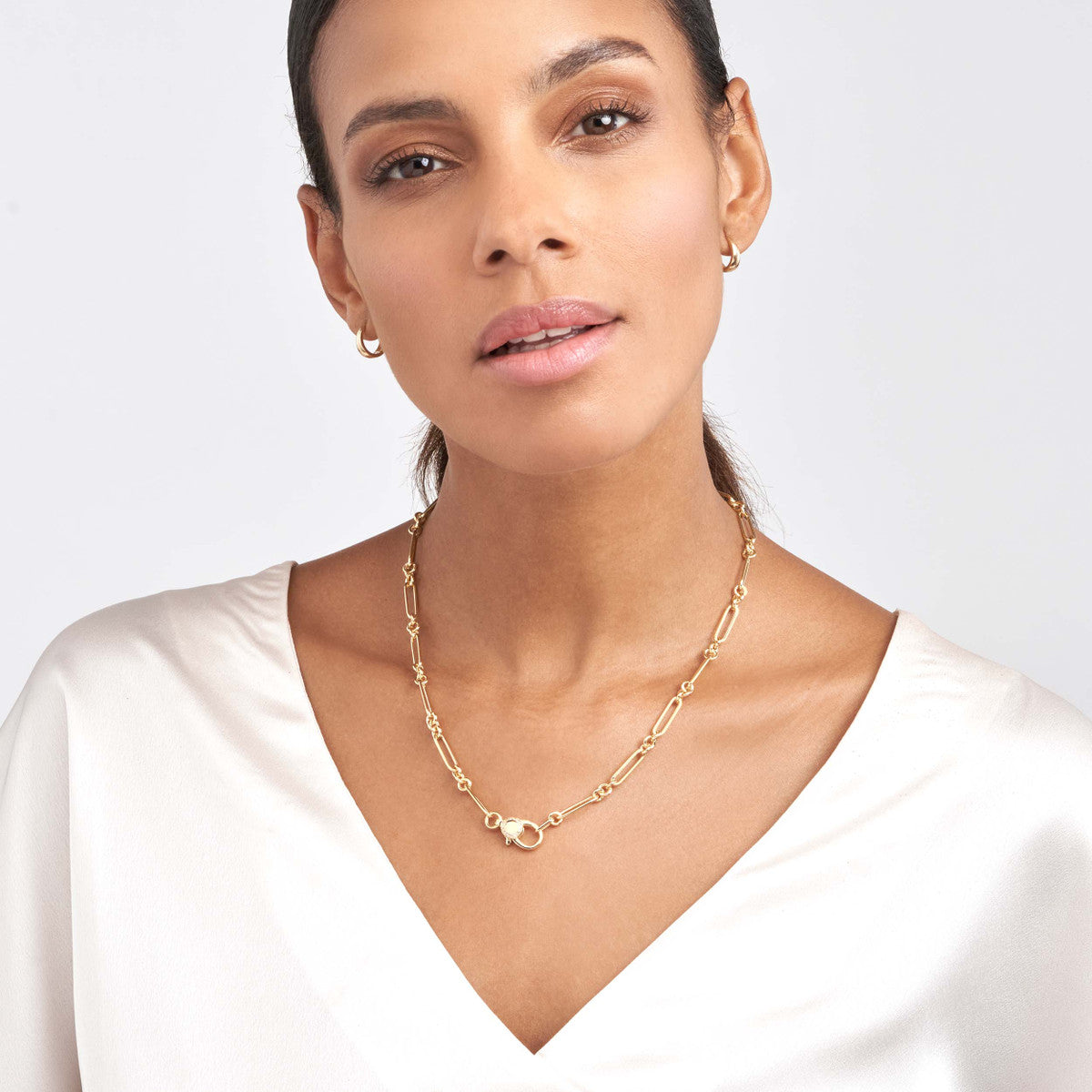 3+1 Hollow Paper Clip Necklace with Diamond Lock 14K Yellow Gold
