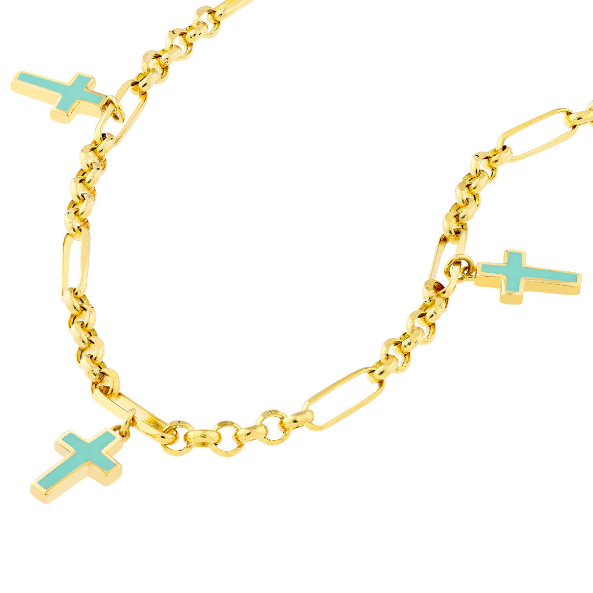Lt.Turquoise Crosses on 6+1 Rolo Chain Bracelet 14K Yellow Gold